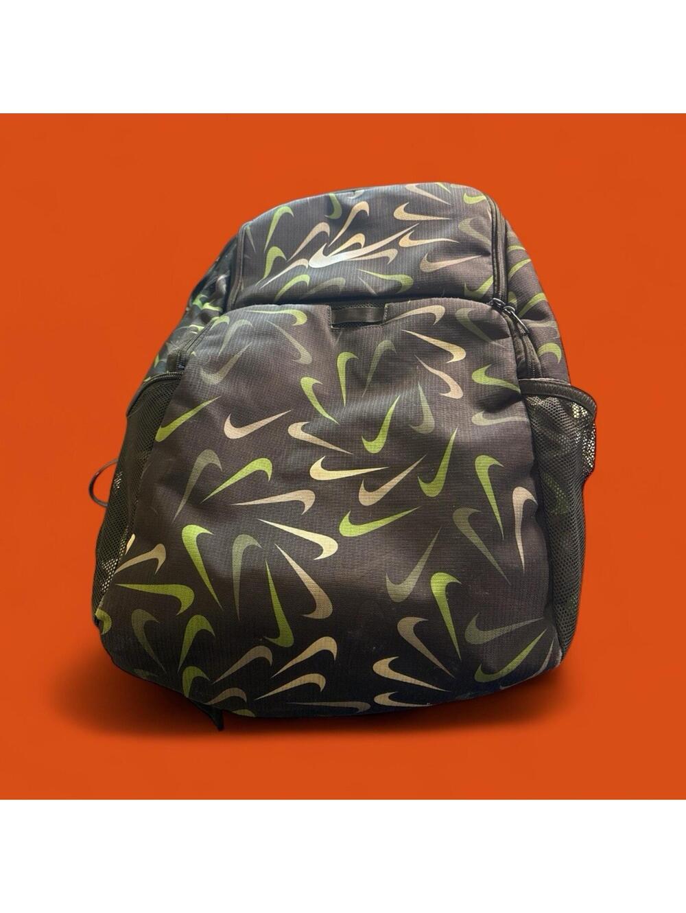 Nike Backpack Black Green Gray Multi Swoosh Print School Travel Bag EUC